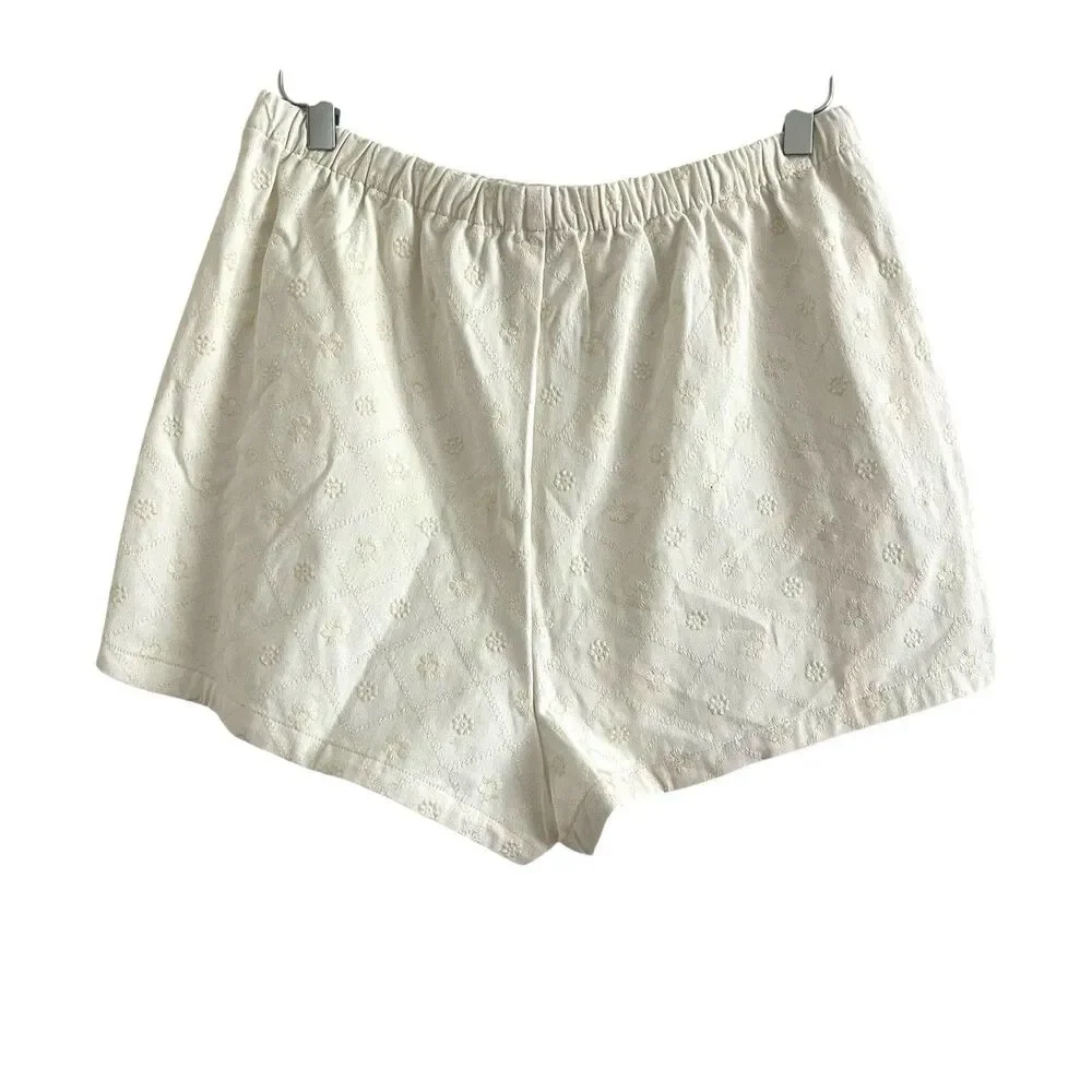 Caroline Constas Eyelet Denim Puff Sleeve Top Short Twin Set S Cream Costal NWT